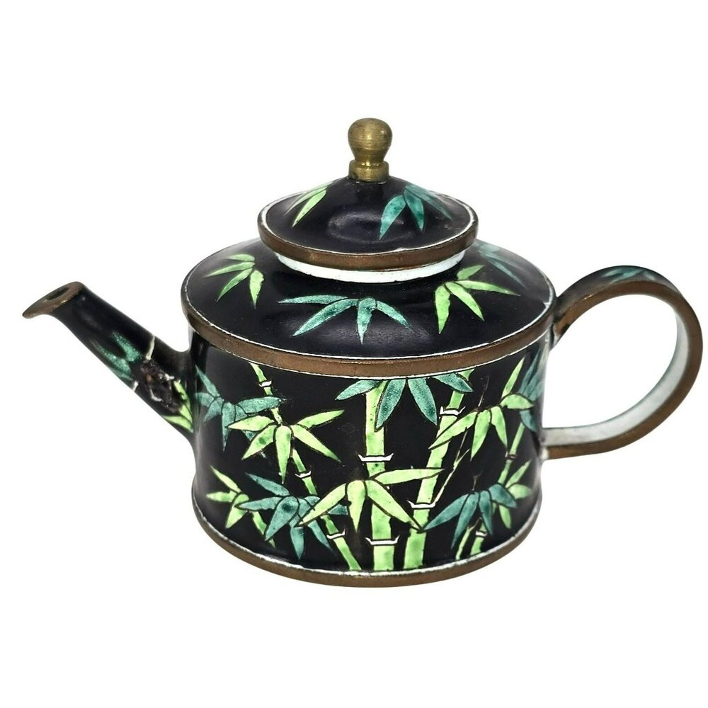 Chinese Enamel Bamboo Teapot With Lid Vintage Black and Green JE119